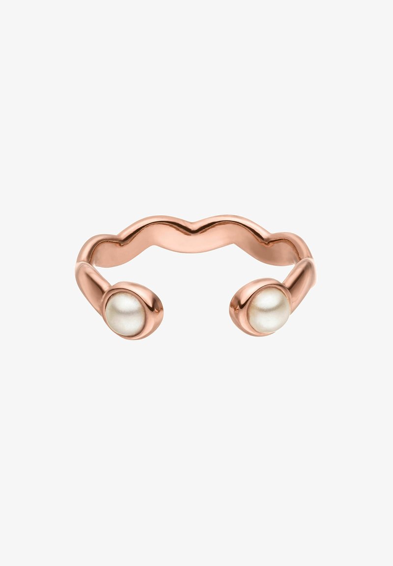 Ringe aus roségoldfarbenem Metall mit einem wellenförmigen Design und zwei weißen Perlenakzenten. Glatte Oberfläche mit schimmerndem Finish.