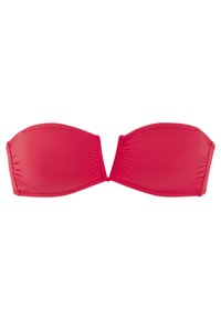 Ryškiai rožinė be petnešėlių bikini viršutinė dalis su susiraukšlėjusia tekstūra, V formos užsegimu centre ir lygia danga. Tinka maudymosi drabužių mados.