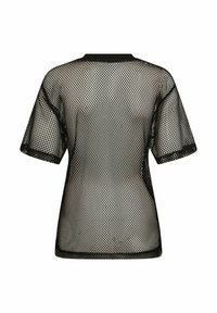 T-shirt in rete nera con maniche corte, caratterizzata da un motivo a rombi. Il capo ha un collo rotondo e una vestibilità ampia per favorire la traspirabilità.