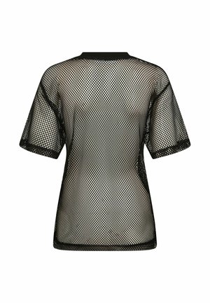 Black mesh t-shirt with short sleeves, featuring a diamond pattern. The garment has a round neckline and a loose fit for breathability.