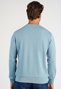 Ljusblå sweatshirt i bomull med rundad halsringning, ribbade manschetter och nederkant. Slät textur, minimalistisk design, inga framträdande detaljer.