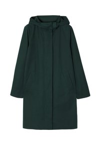 Vihreä huppup coat suoran leikkauksen, pitkien hihojen ja sivutaskujen kanssa. Valmistettu sileästä kankaasta, jossa on minimalistinen muotoilu.