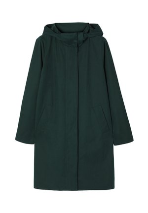 Cappotto verde con cappuccio, dalla vestibilità dritta, maniche lunghe e tasche laterali. Realizzato in un tessuto liscio con un design minimalista.