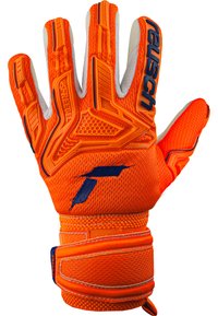Orange målvakthandskar med texturerat grepp, blå accenter och förstärkt handledsrem. Har ett bikupemönster på handflatan för förbättrat grepp.