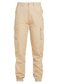 Beiga cargobyxor med elastiska muddar, utrustade med flera verktygslösa fickor på sidorna och ett standard midjeband med knappstängning.