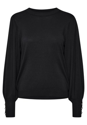 Suéter negro de manga larga con cuello redondo y puños acanalados, adornado con tres botones decorativos en cada manga.