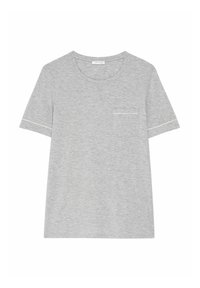 Tricou gri cu mânecă scurtă, fabricat dintr-un material moale, având un buzunar pe piept cu un accent discret de linie, guler rotund și o croială lejeră.