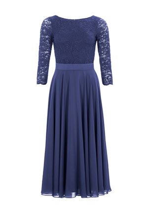 Marineblauwe jurk met een kanten lijfje, driekwart mouwen en een vloeiende, geplooide chiffon rok. Glad textuur en elegante uitstraling.