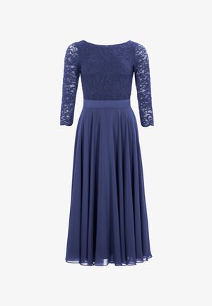 Granatowa sukienka z koronkowym topem, rękawami o długości trzech ćwierci oraz zwiewną, plisowaną spódnicą z szyfonu. Gładka tekstura i elegancki design.