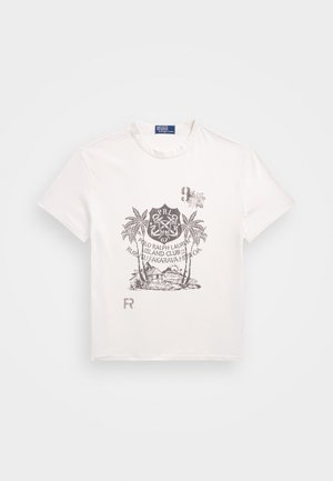 White cotton t-shirt featuring a graphic print with palm trees and a shield design. Accents include “PRL” and "FR" in contrasting colors.