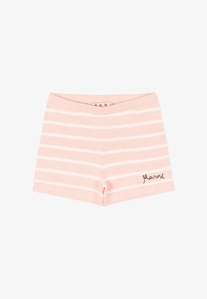 Shorts rayés horizontaux roses et blancs avec taille élastique et petit logo noir "Marni" sur la jambe gauche.