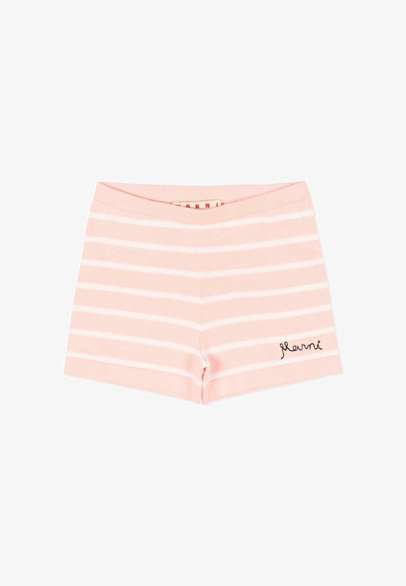 Shorts rayés horizontaux roses et blancs avec taille élastique et petit logo noir "Marni" sur la jambe gauche.