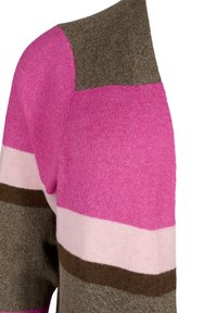 Mehrfarbiger Pullover mit pinken, beige, braunen und olivgrünen Streifen, aus weichem Strickmaterial und mit rundem Halsauschnitt.
