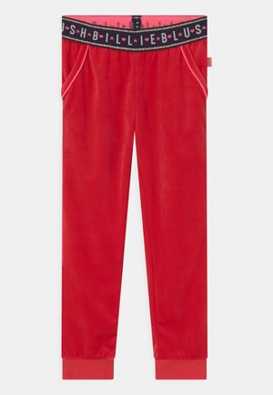 Pantaloni jogger in velluto rosso per bambini con vita elastica nera decorata con cuori rosa e la scritta "S*H*B*L*L*E*B*L*U*S".