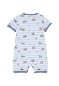 Kurzarm-Body mit blau-weißem Streifenmuster, das Boote, Delfine und Sonnenstrahlen zeigt. Hergestellt aus weichem Baumwollmaterial mit blauen Akzenten.