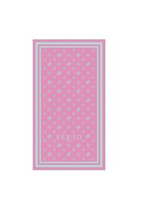 Prodotto rosa con motivi e bordi decorativi in argento, con il nome del marchio "GUESS" scritto in un font moderno nella parte inferiore.