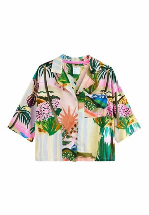 Kurzarmhemd aus leichtem Stoff mit mehrfarbigem tropischem Muster in Rosa-, Grün- und Blautönen. Hemd mit Kragen und Knöpfen.