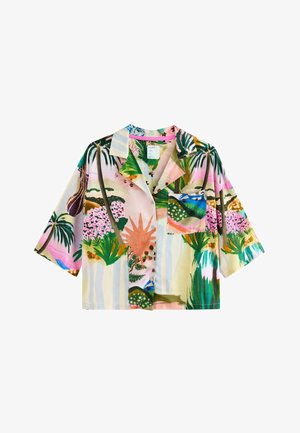 Short-sleeve shirt in light fabric featuring a multicolored tropical print with pink, green, and blue hues. Collared design with buttons.