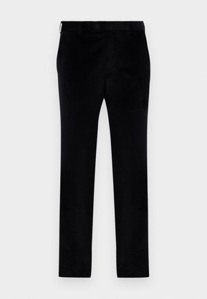 Schwarze Hose mit glatter Textur, geradem Schnitt und klassischem Taillenbund. Keine sichtbaren Taschen oder Verzierungen.