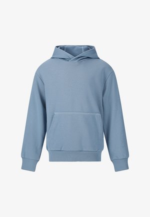Helles blaues Kapuzenpullover aus weichem Stoff, mit einer praktischen Fronttasche, gerippten Bündchen und einem lässigen Schnitt.