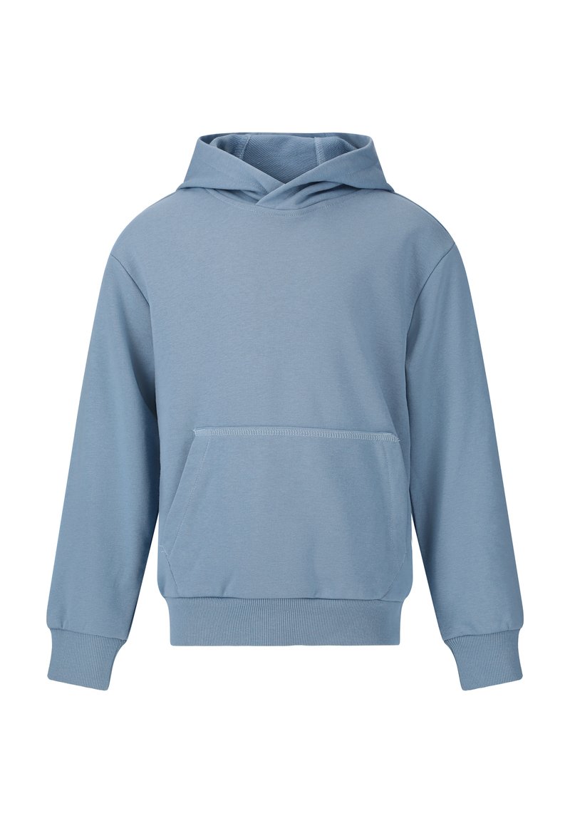 Lichtblauwe hoodie gemaakt van zachte stof, met een voorste kangoeroezak, geribde manchetten en een ontspannen pasvorm.