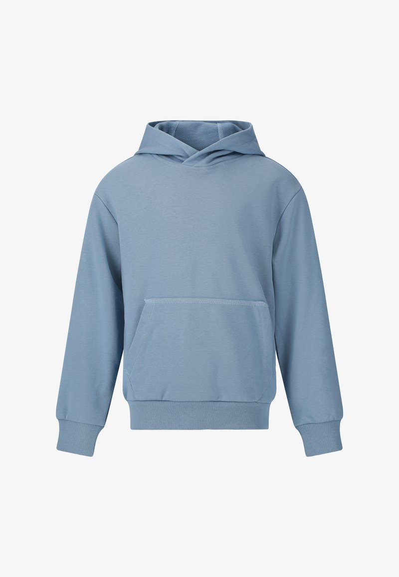 Helles blaues Kapuzenpullover aus weichem Stoff, mit einer praktischen Fronttasche, gerippten Bündchen und einem lässigen Schnitt.