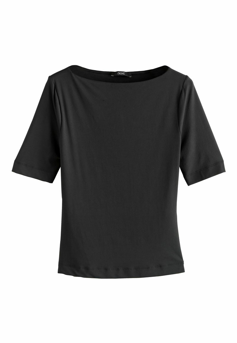 Top nero a maniche corte con scollatura a barca, realizzato in tessuto morbido. Presenta una vestibilità comoda e una texture liscia, senza motivi né decorazioni.