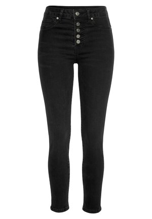 Jeans neri a vita alta in tessuto denim con vestibilità skinny, dotati di chiusura con cinque bottoni e design minimalista.
