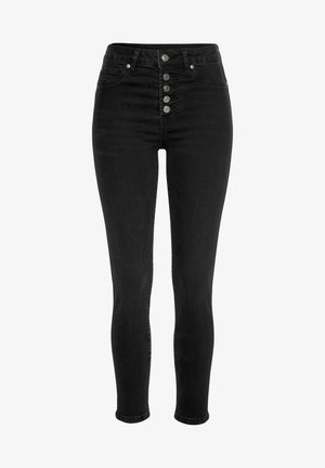 Kõrge vöökohaga mustad teksad denimpinnast, kitsaste lõigetega, viie nööbiga kinnitusega ja minimalistikus disainis.