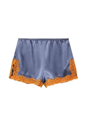 Shorts da donna in seta blu con bordo in pizzo arancione lungo i lati e l'orlo, caratterizzati da una trama liscia e lucida.