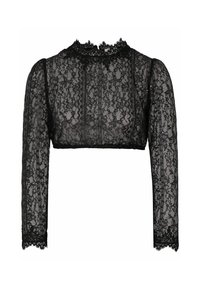 Schwarzes Spitzen-Crop-Top mit langen Ärmeln, das mit aufwendigen Blumenmustern, einem hohen Kragen und gewellten Kanten an den Manschetten und dem Saum ausgestattet ist.