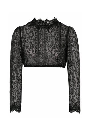 Zwart kanten crop top met lange mouwen, voorzien van ingewikkelde bloempatronen, een hoge halslijn en golvende randen op de mouwen en onderkant.