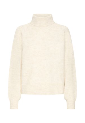 Pull à col roulé crème en matériau doux, présentant une coupe décontractée, des poignets côtelés et une texture lisse avec de subtiles variations.