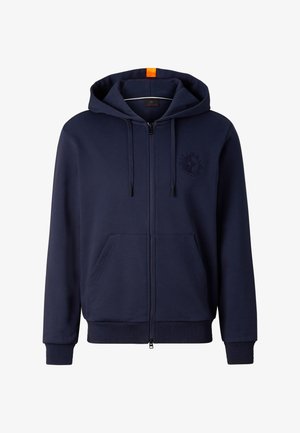Navy blauwe zip-up hoodie met voorzakken, verstelbare trekkoordkap, geribbelde manchetten en zoom, en klein geborduurd logo op de linkerborst.
