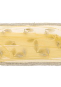 Tessuto giallo trasparente con ricami in foglia d'argento e una rifinitura metallica lungo i bordi. La trama appare leggera e delicata.