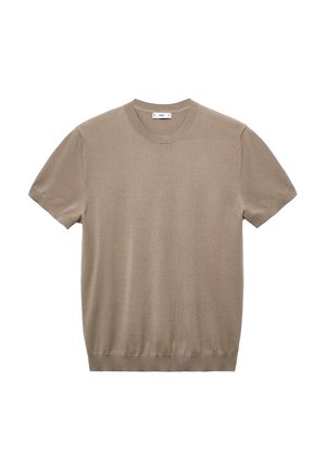 Beige knitted short-sleeve t-shirt with a crew neck. Soft texture and a slim-fit design. Plain without patterns or embellishments.