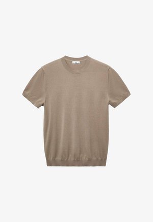 Beige knitted short-sleeve t-shirt with a crew neck. Soft texture and a slim-fit design. Plain without patterns or embellishments.