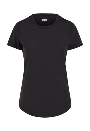 Zwarte katoenen T-shirt met een ronde hals, korte mouwen en een rechte zoom. Beschikt over een gladde textuur en een minimalistisch ontwerp.