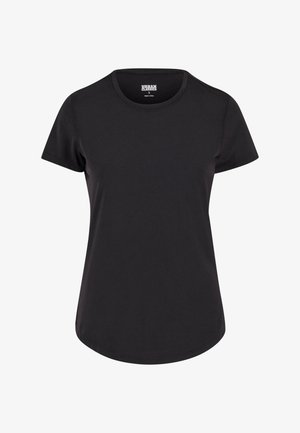 Črna bombažna majica s krožnim ovratnikom, kratkimi rokavi in ravnim robom. Ima gladko teksturo in minimalističen dizajn.