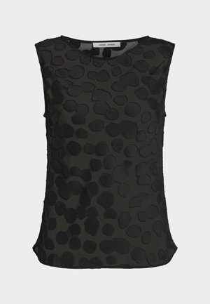 Μαύρο μπλουζάκι χωρίς μανίκια με ημιδιάφανο ύφασμα και υφασμένο μοτίβο ακανόνιστων κουκίδων, στρογγυλή λαιμόκοψη και ελαφρείς πλαϊνές σχισμές στο τελείωμα.