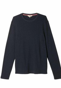 Marineblaues Langarm-T-Shirt mit Rundhalsausschnitt aus strukturiertem Material. Mit gerippten Bündchen und einem gewebten Muster auf dem inneren Etikett des Kragens.