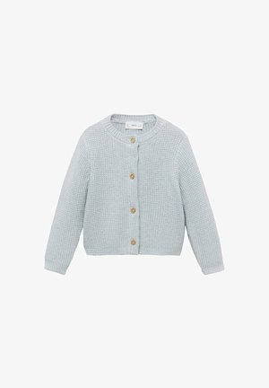 Cardigan tricotat de culoare bleu deschis, cu guler rotund, mâneci lungi și cinci nasturi din lemn pe față. Model texturat pe întreaga suprafață.
