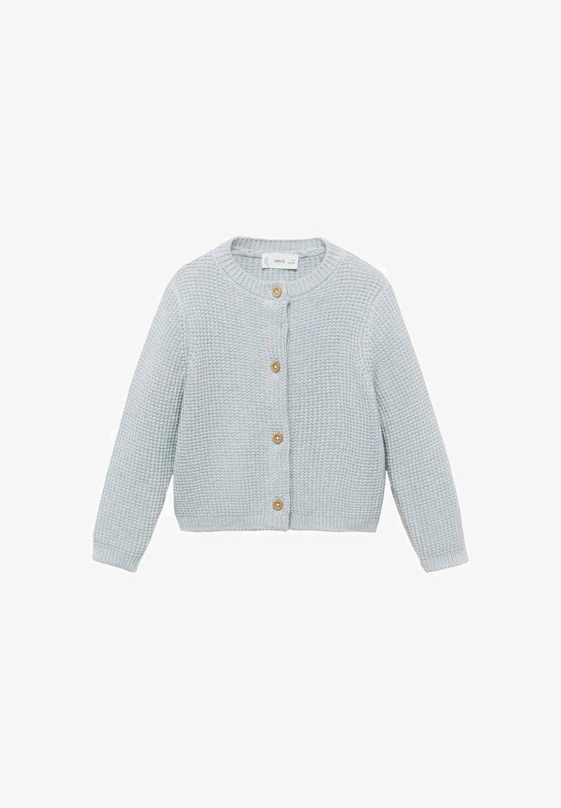 Light blue knitted cardigan featuring a round neckline, long sleeves, and five wooden buttons down the front. Textured pattern throughout.