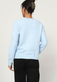 Pull bleu clair en matière douce, avec un col rond classique, des poignets et un ourlet côtelés. Porté avec un pantalon noir.