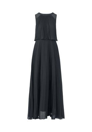 Plisseret lang kjole i mørkegrå, med en ærmeløs design, lagdelt liv og en svajende nederdel lavet af letvægtsstof.