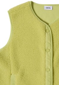 Veste sans manches en polaire vert clair avec boutons-pression sur le devant et étiquette de la marque CECIL à l'intérieur du col.