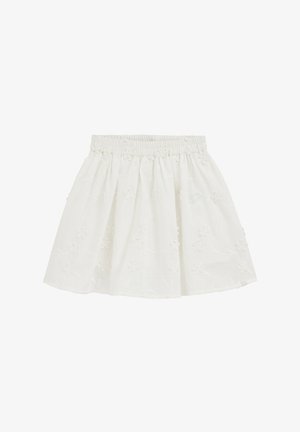 Wit rokje van lichtgewicht stof, met een elastische tailleband en geborduurde bloemenpatronen, in een uitlopende vorm.