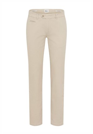 Beige slim-fit bukser med knap- og lynlåslukning, bæltestropper og en enkelt frontlomme.