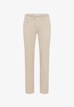 Beige slim-fit bukser med knap- og lynlåslukning, bæltestropper og en enkelt frontlomme.