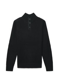 Maglione nero a maglia con colletto alto, patta con tre bottoni e polsini a coste. Tessuto testurizzato con una vestibilità classica.